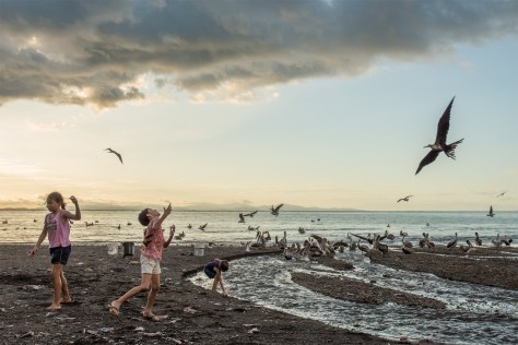 Corrected image of kids feeding fish scraps to seabirds in Tarcoles, Costa Rica.