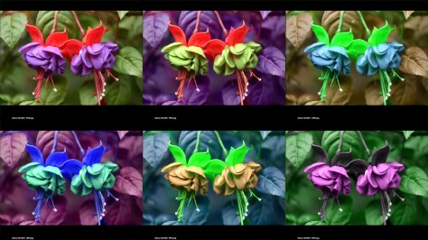 Photos of fuchsias in false color made by rearranging the RGB channels. Image by Eduardo Libby