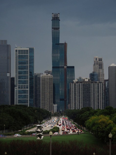 An approaching storm darkens the Chicago Skyline. Photo by Eduardo Libby